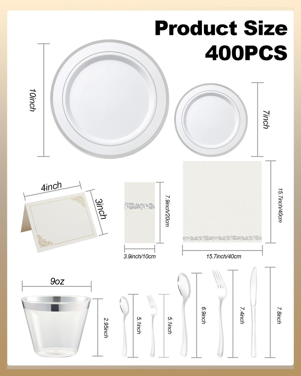 Goodluck 400PCS Elegant Silver Disposable Plastic Dinnerware Set for 40 Guests, Include: 80 Plates, 40 Place Cards, 40 Cups, 80 Spoons, 80 Forks, 40 Knives, 40 Napkins for Weddings/Parties/Graduation