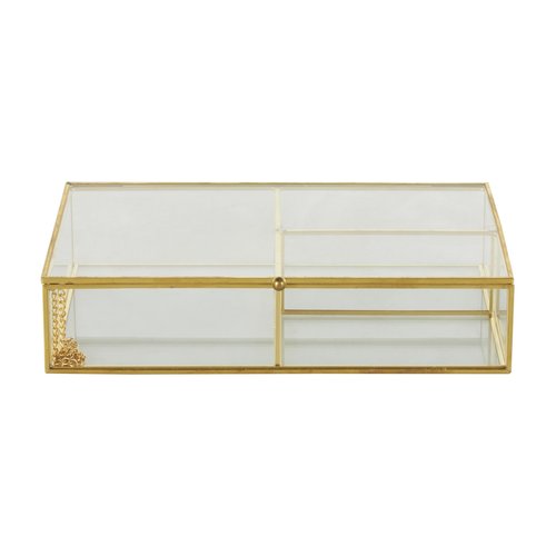 Deco 79 Glass Decorative Jewelry Box 3 Slot Jewelry Organizer with Gold Metal Frame and Chain Accent, Jewelry Holder 10" x 7" x 2", Clear