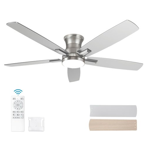 52 Inch Flush Mount Brushed Nickel Ceiling Fan with Light and Remote Control.Noiseless,Dimmable,3CCT,6 Speeds Reversible, Low Profile DC Ceiling Fans for Indoor or Covered Outdoor Use,ETL Listed