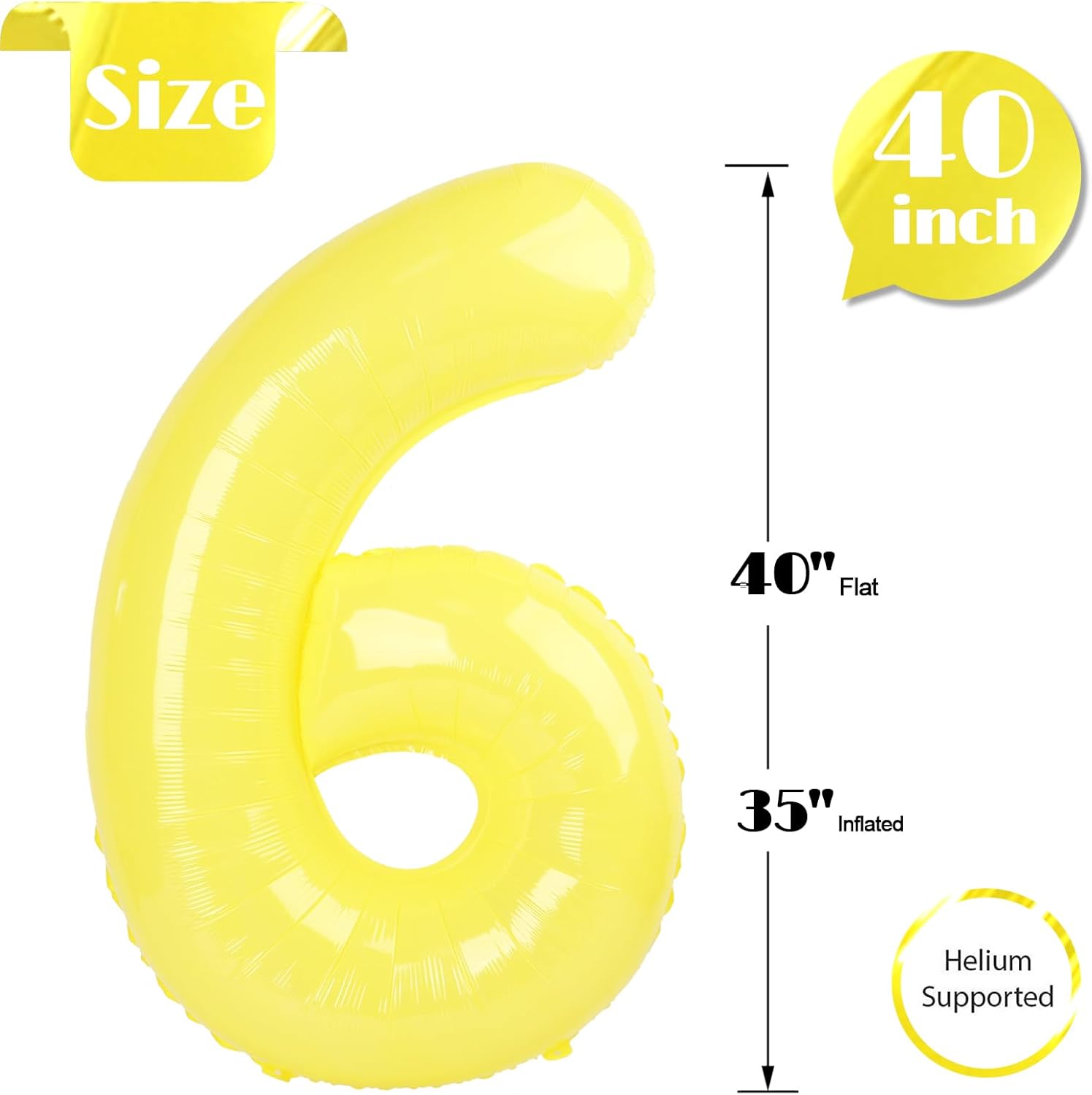 Yellow 6 Balloon - 40 Inch Number Balloon for Birthday Decorations | Vibrant Yellow Party Supplies