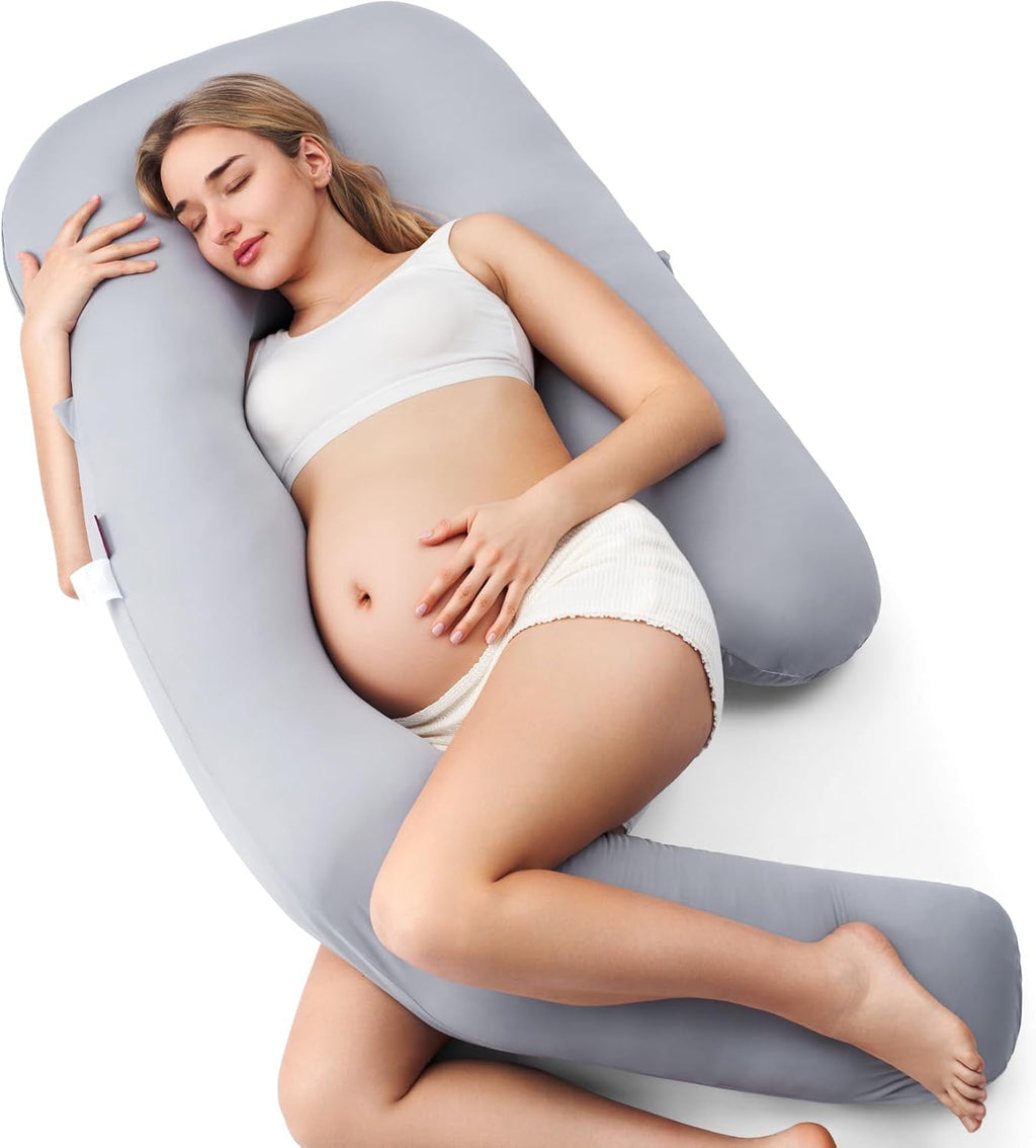 Momcozy Pregnancy Pillow - Cooling Cover & Adjustable Leg Support for Back, Hips, Belly | 50-72 Inch, Grey