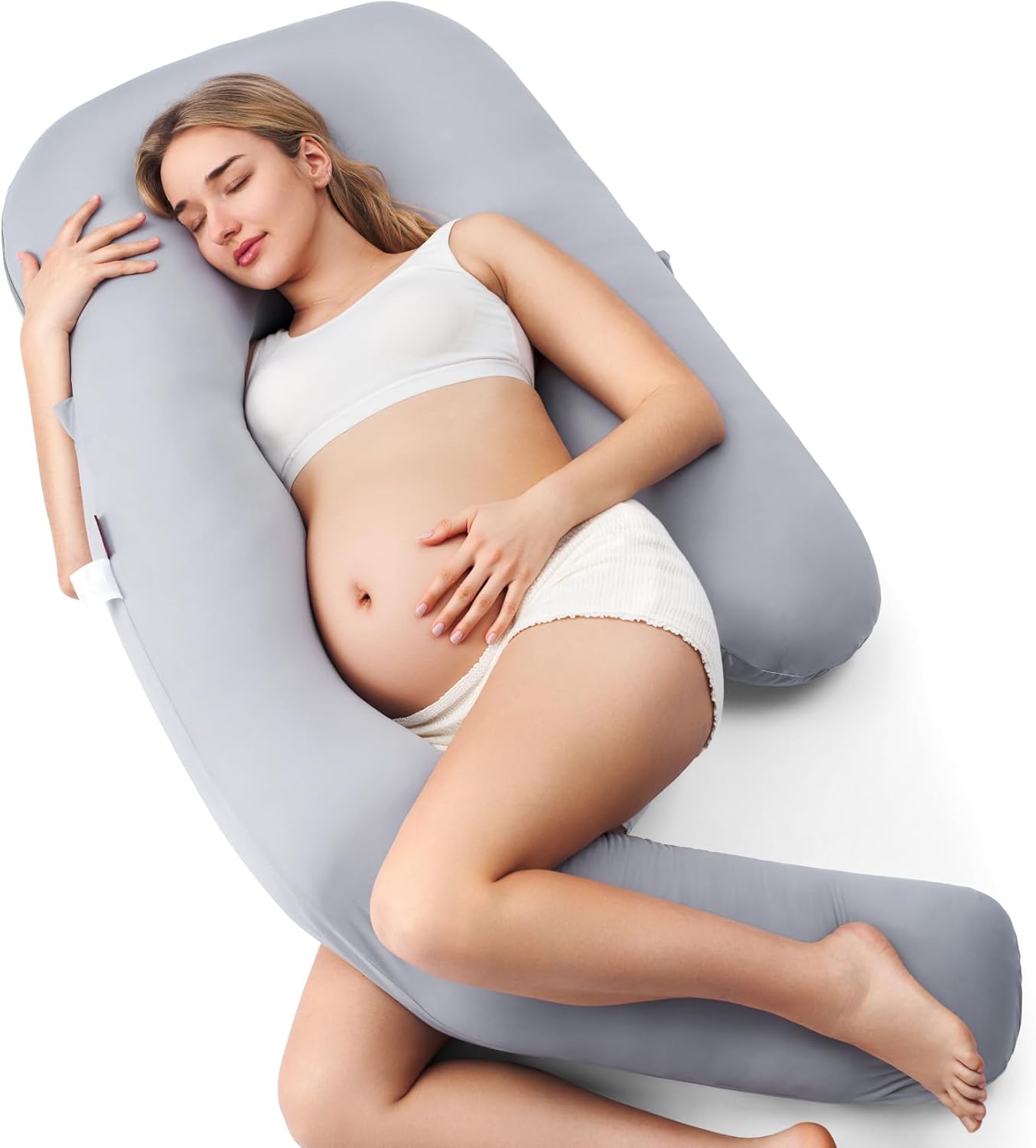 Momcozy Pregnancy Pillow - Cooling Cover & Adjustable Leg Support for Back, Hips, Belly | 50-72 Inch, Grey