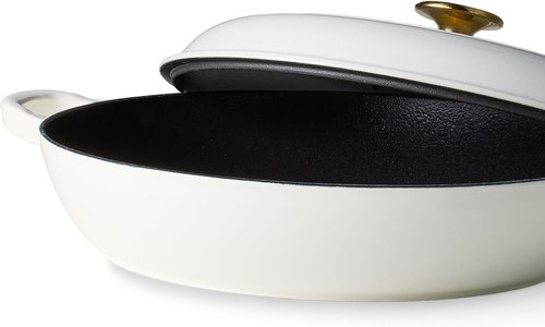 CAROTE Enameled Cast Iron Braiser Pan - 3.4QT Shallow Dutch Oven with Lid for Grilling & Baking | Non-Toxic White