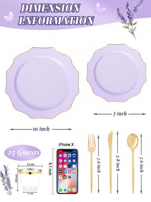 WDF 175Pcs Purple Plates Disposable - Lavender Plastic Plates 25guest Plastic Dinnerware Ideal for Birthday Party/Wedding/Spring/Picnic/Easter