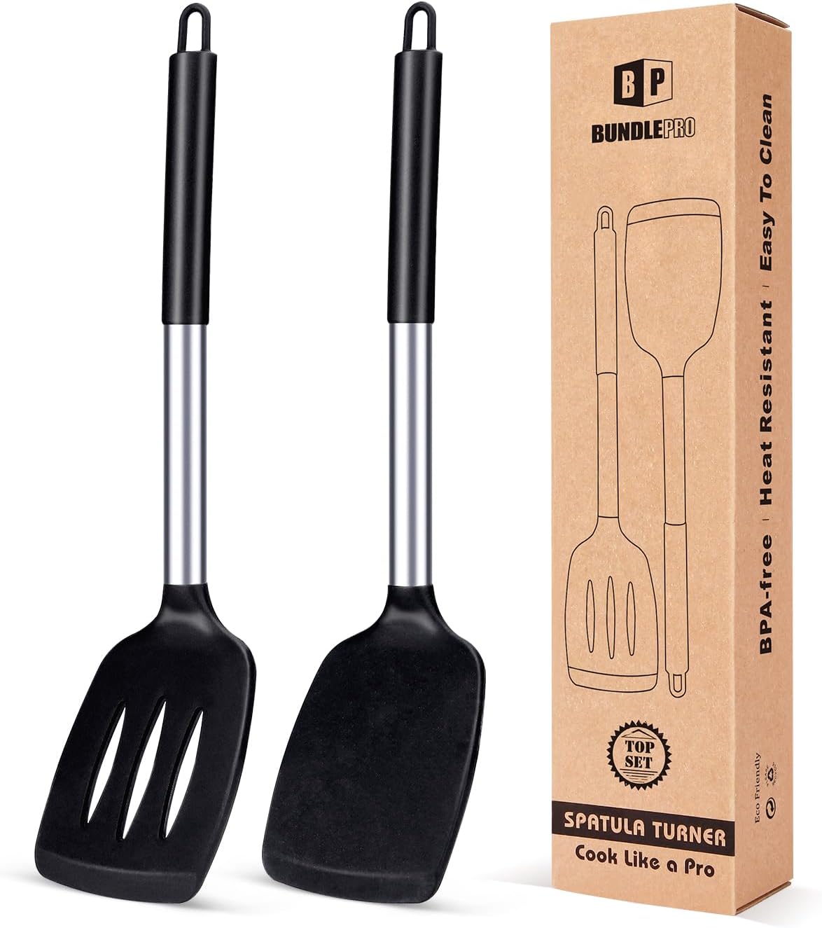 Skiennix Silicone Turner Spatulas - Non-Stick, High Heat Resistant, BPA-Free | Pack of 2 (Black)