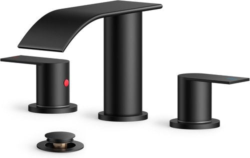 FORIOUS Black Square Bathroom Faucet - Waterfall Design with Metal Pop-Up Drain & Supply Lines | 3 Hole, Two Handles