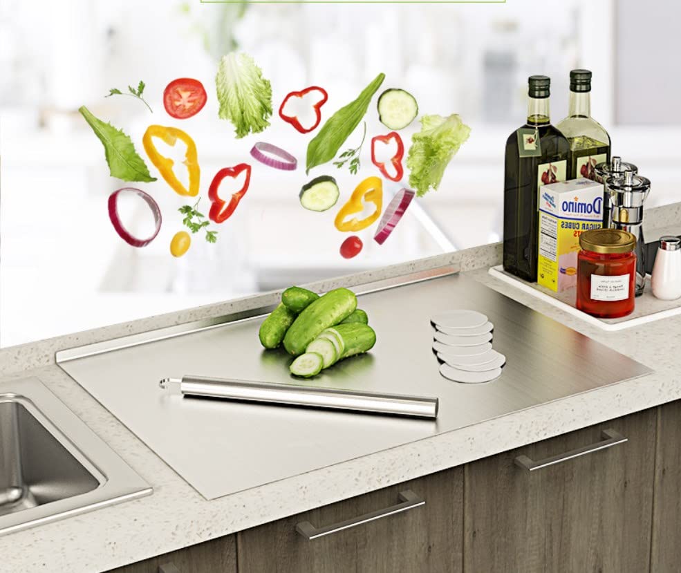 MYOYAY Stainless Steel Cutting Board with Lip, Extra Large Chopping Board 31.5 x 19.69 Inch Heavy Cutting Board with Rolling Pin Baking Board Kitchen Pastry Board For Meat Vegetables cake