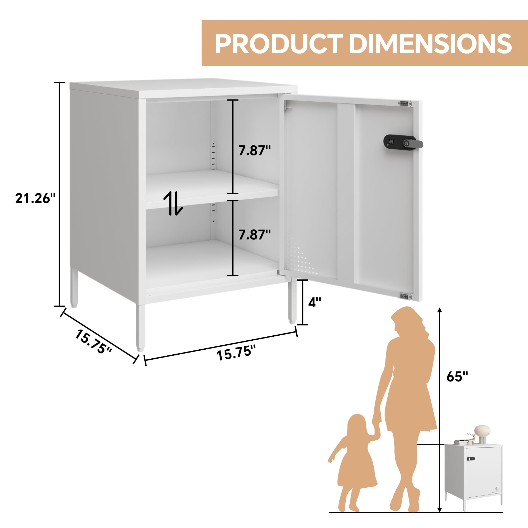Steehoom Metal Locker End Table Single Door Nightstand Lockable Bedside Table Storage Cabinet for Bedroom, Dorm, 21.26”H X 15.75”W X 15.75”D (1 Door, White)