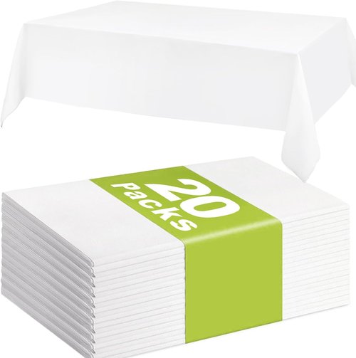 20 Pack Disposable Plastic Tablecloths by [Brand Name] - Waterproof White Rectangular Covers, 54 x 108 Inch for Weddings & Parties