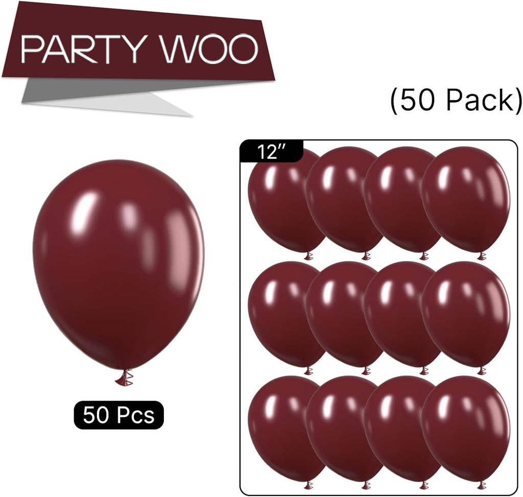 PartyWoo Burgundy Balloons - 50pcs 12 Inch Dark Chestnut Red Helium Balloons for Celebrations