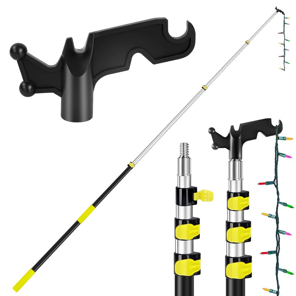 UQM 12 Ft Telescopic Extension Pole with Utility Hook, Telescoping Pole for Hanging Christmas Lights String Lights Birdfeeder, Heavy-Duty Christmas Light Pole Hanger Tool Tree Without Ladder