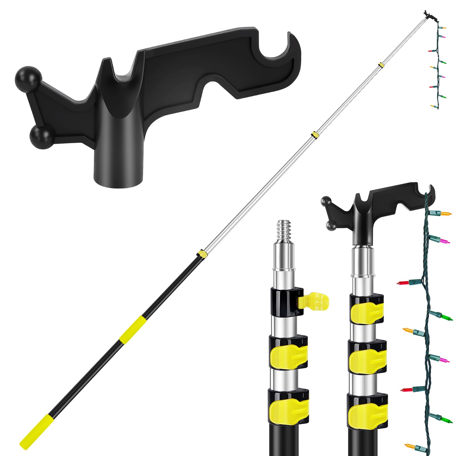 UQM 12 Ft Telescopic Extension Pole with Utility Hook, Telescoping Pole for Hanging Christmas Lights String Lights Birdfeeder, Heavy-Duty Christmas Light Pole Hanger Tool Tree Without Ladder