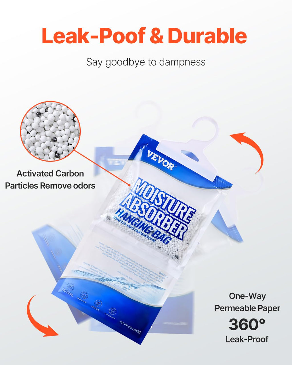 VEVOR Hanging Moisture Absorber, 9.3 oz Hanging Closet Dehumidifier Bags(10 Packs), Fragrance Free Moisture Bags in Wardrobes, Bedrooms, Bathrooms