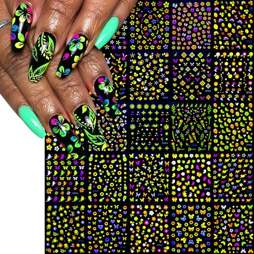24 Sheets Fluorescent Nail Art Stickers 3D Colorful Flower Butterfly Decals