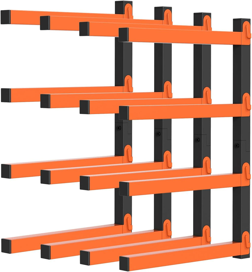 PINPON Heavy Duty Wall Mount Lumber Storage Rack - 4-Level Wood Organizer with 16.8” Arms, 110 lbs Capacity, Black & Orange