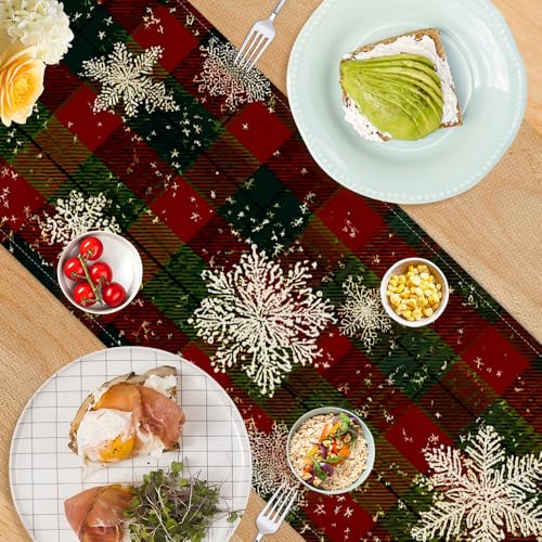 Farmhouse Christmas Table Runner 13x72 Inch with Snowflakes & Trees - Holiday Kitchen Decor