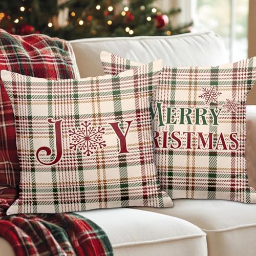 Christmas Throw Pillow Covers Set of 2 - White 20x20 Plaid Holiday Decor
