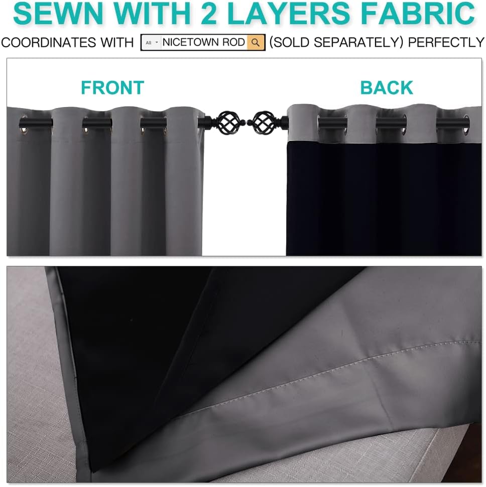 NICETOWN Total Shade Curtains - Heavy-Duty Light Blocking Drapes with Black Liner | Gray, 70" x 95" (2 Panels)