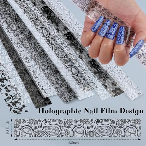 Kikonoke Lace Nail Foil Transfer Sheets - 10 Rolls Black & White Flower Decals