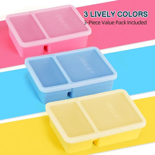 3 Pack Silicone Snack Containers with Lids, 12 oz Double Compartment Reusable Snack Bento Box for Kids , Leakproof Food Storage Boxes for Sauce, Fruit, Snacks, School, Office, Picnic, Easy to Clean