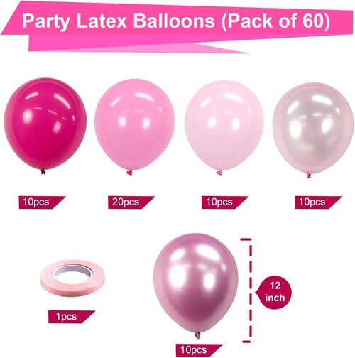Bezente Pink Balloons Set - 60pcs 12-Inch Metallic Pearl & Latex Balloons for Birthday & Baby Showers