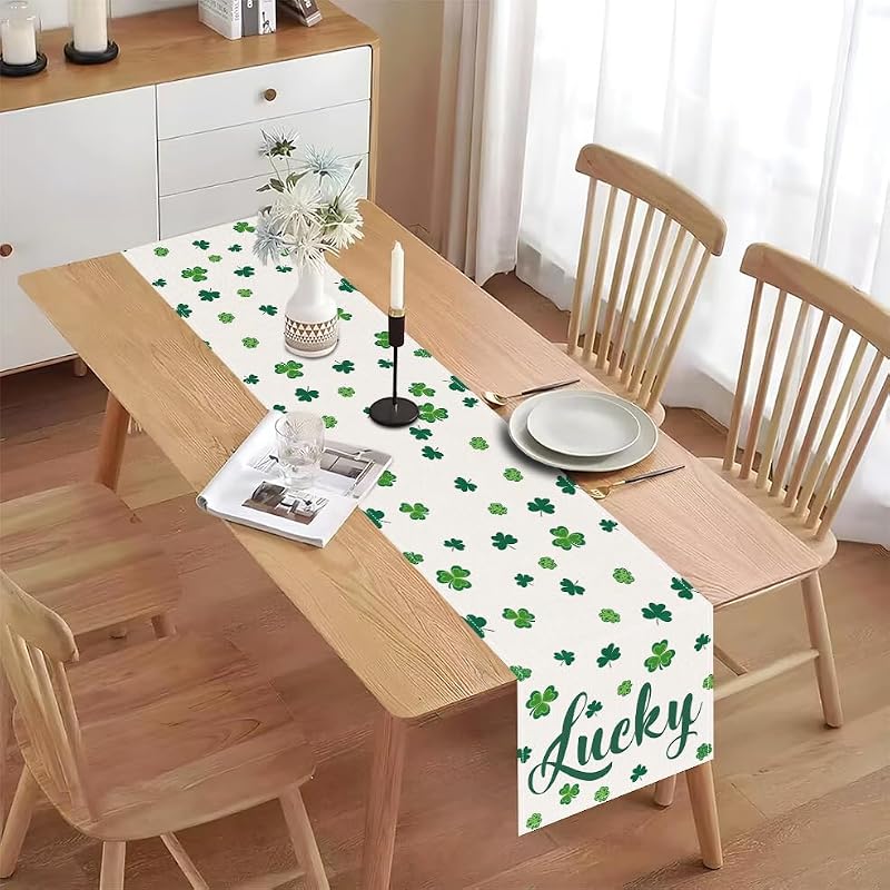 St. Patrick's Day Table Runner - 72x13 Inch Shamrock Linen Decor