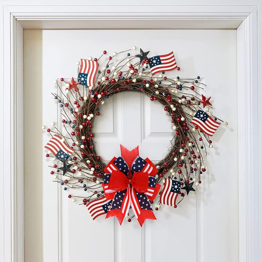 Meseey Patriotic Bows for Wreaths - Large Burlap Red, White & Blue Stripe Bow | 12” x 9.4” for 4th of July Decor