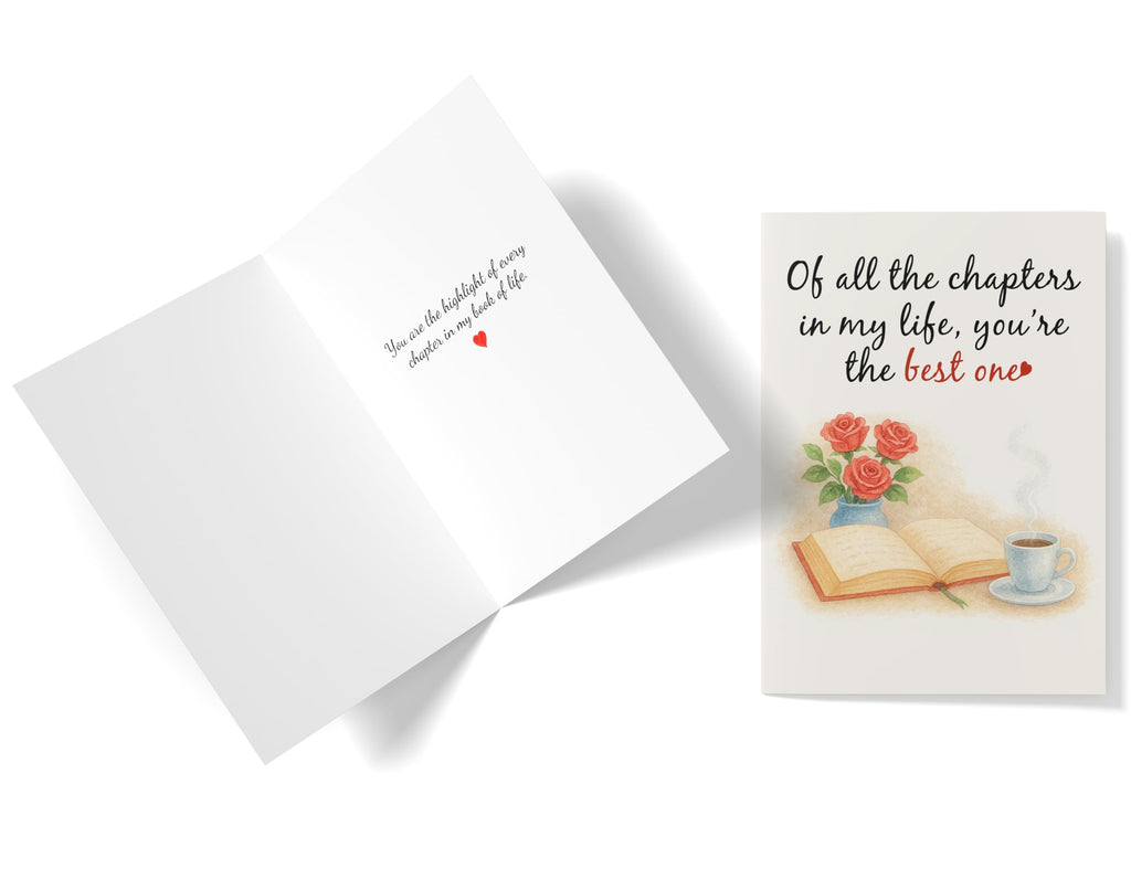Anniversary Card – Romantic Greeting Card with Roses, Book & Coffee Design – 5x7 Inch Folded Card with Envelope & Sticker – Love Card for Husband, Wife, or Couple – Valentines Day or Wedding Anniversary
