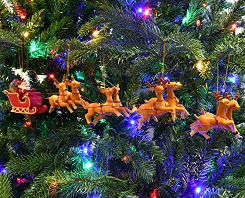 Large Santa Sleigh and Reindeer Christmas Ornament Set - Hand Painted, 17.5 Inches