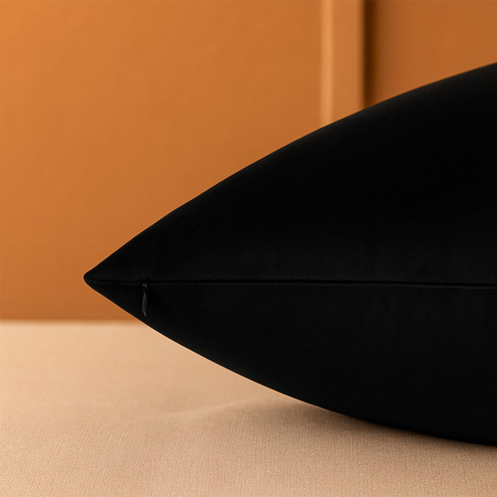 Set of 2 Black Velvet Throw Pillow Covers 18 x 18 Inch - Soft Decorative Cushion Covers for Sofa, Couch, Bed - Square Pillowcases with Hidden Zipper