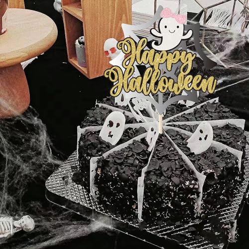 Happy Halloween Glitter Cake Topper - Spooky Ghost & Bat Cake Pick