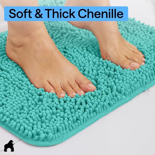 GORILLA GRIP Bath Rug Mat - Thick Soft Absorbent Chenille | Quick-Dry Microfiber, 24x17, Turquoise