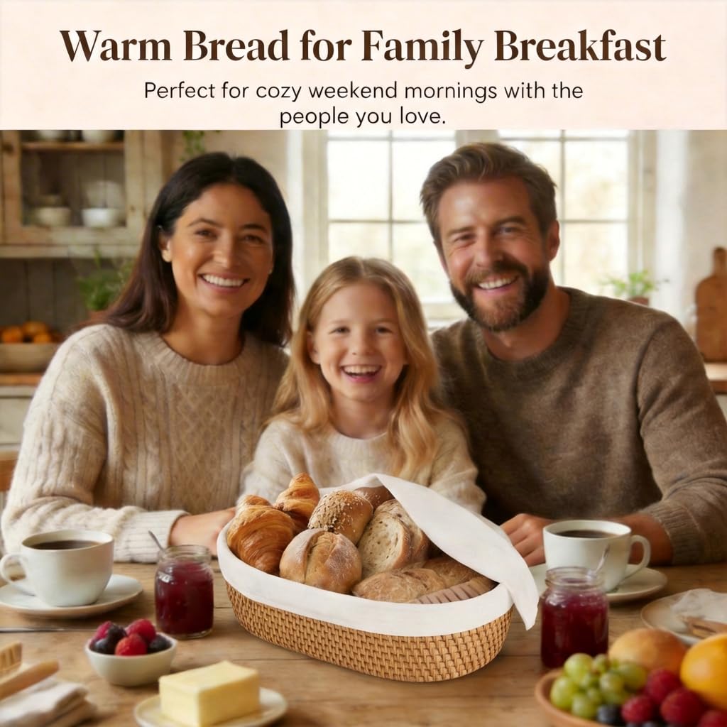 YANGQIHOME Bread Warmer Basket with Terracotta Warming Stone - Large Bread Basket for Sourdough, Tortillas, Rolls - Keeps Bread Warm 60+ Minutes - Includes Lid, Tongs & Liner