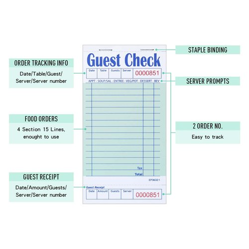 DGBDPACK Guest Check Books for Servers - Thick Paper (6 Pads), Waitress Notepads, Waitress Notepad for Restaurants, 300 Orders Total (Green, 6.75"x3.5"), 50 Sheets/Pack