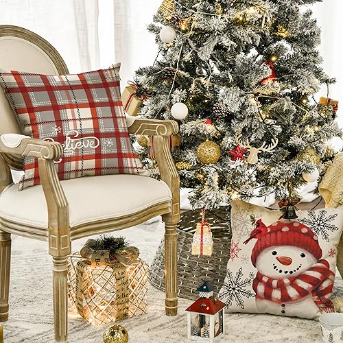 AVOIN colorlife Christmas Throw Pillow Covers, 18x18 Red Snowman Set of 4