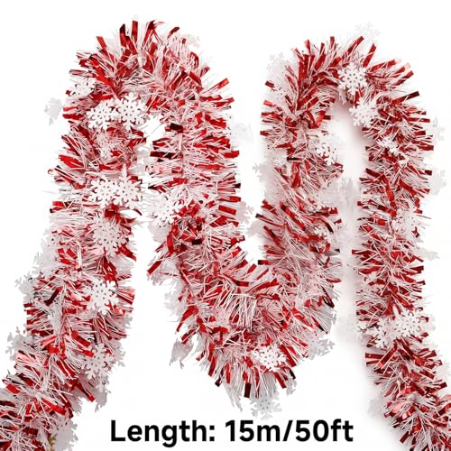Christmas Garland Decorations 50Ft Glitter Tinsel with Snowflakes - Christmas02