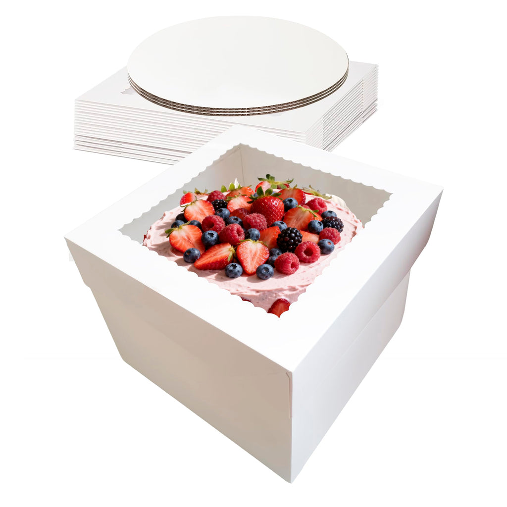 3 Pack Cake Boxes,10x10x8 Inch Tall Cake Box with Cake Boards 10",Disposable Cake Containers with Lids,White Bakery Boxes with Large Window,for Layer Cakes,Pies,Donuts,Cookies,Wedding,Birthday,Party