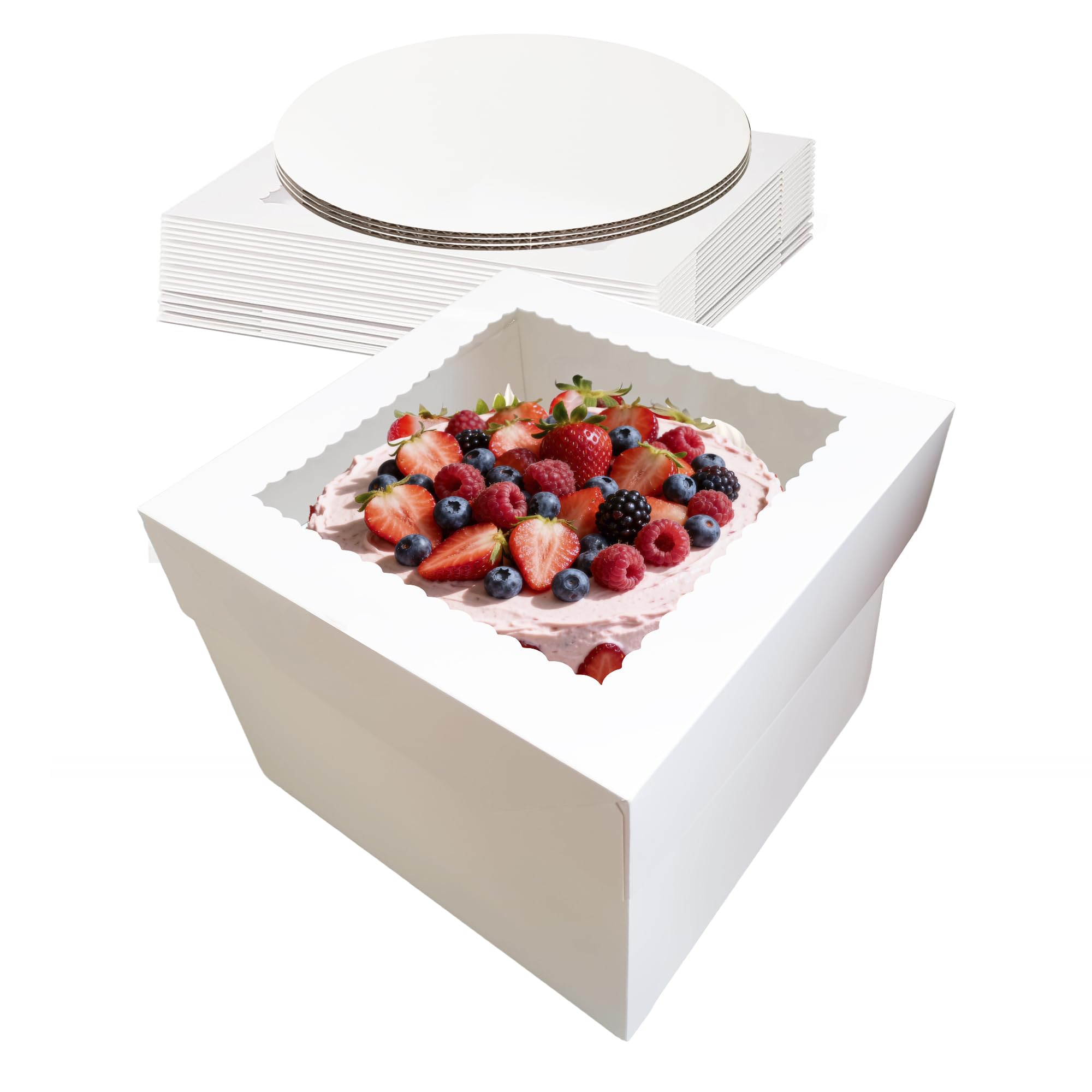 3 Pack Cake Boxes,10x10x8 Inch Tall Cake Box with Cake Boards 10",Disposable Cake Containers with Lids,White Bakery Boxes with Large Window,for Layer Cakes,Pies,Donuts,Cookies,Wedding,Birthday,Party