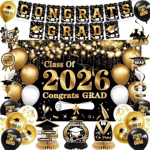 Black and Gold Class of 2026 Graduation Party Decorations Set (25 Pieces)