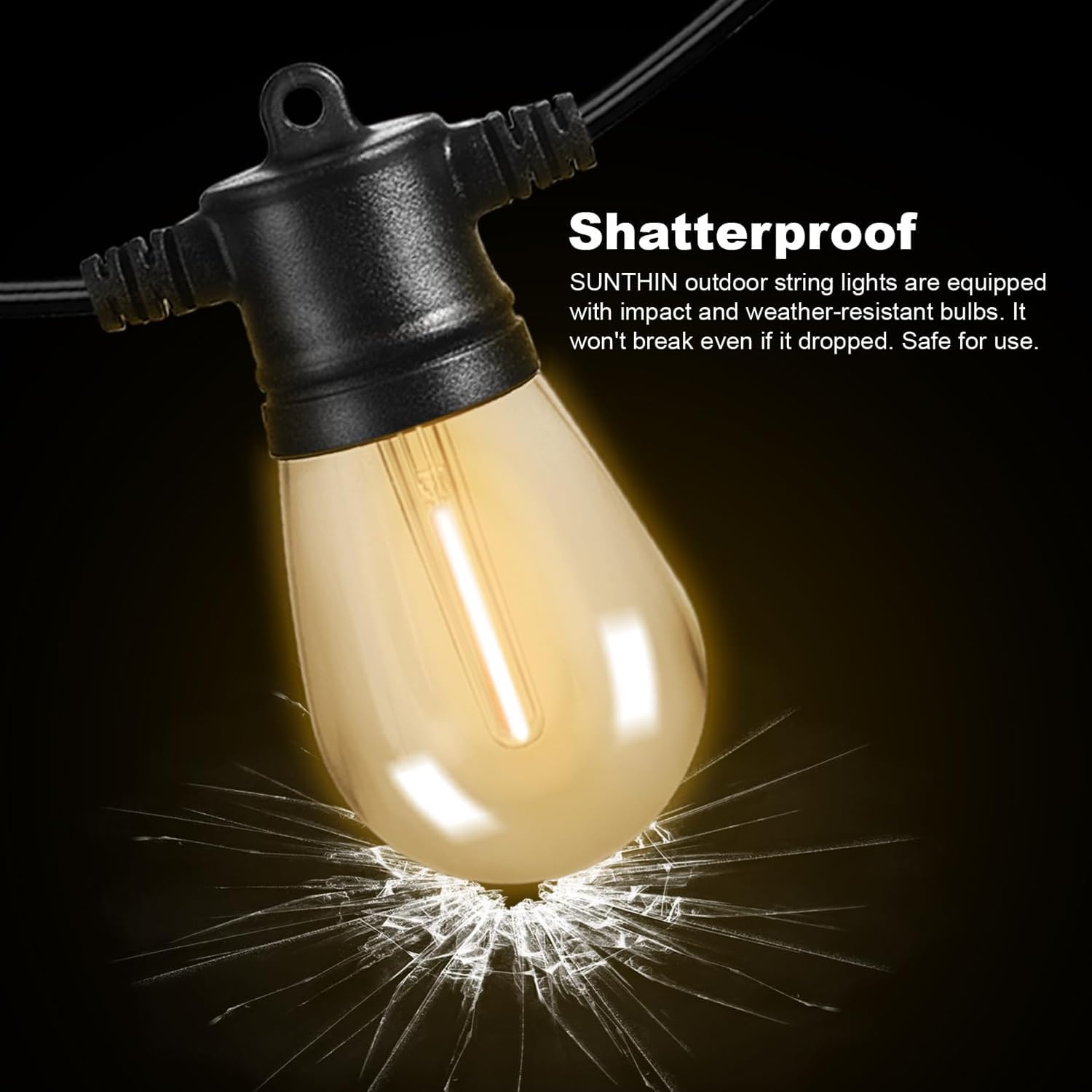 SUNTHIN Outdoor String Lights - 48FT Patio Lights with 16 Shatterproof LED Bulbs for Garden & Parties