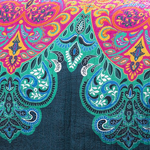 Lush Decor Boho Chic Reversible Cotton Quilt 3-Piece Set, King, Turquoise & Navy - Bright Paisley Print, Vibrant & Colorful Bohemian Bedding Set