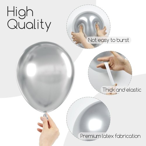 Awenztech Metallic Silver Balloon Arch Kit - 120pcs Chrome Latex Balloons for Weddings, Baby Showers & Parties