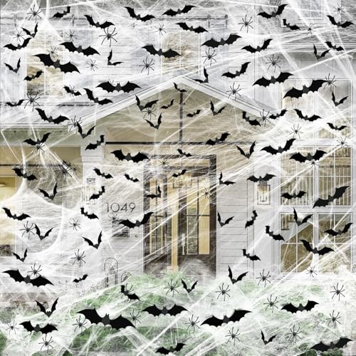 Halloween Decor Set - 1200 sqft Spider Webs with 120 Bats & 50 Spiders