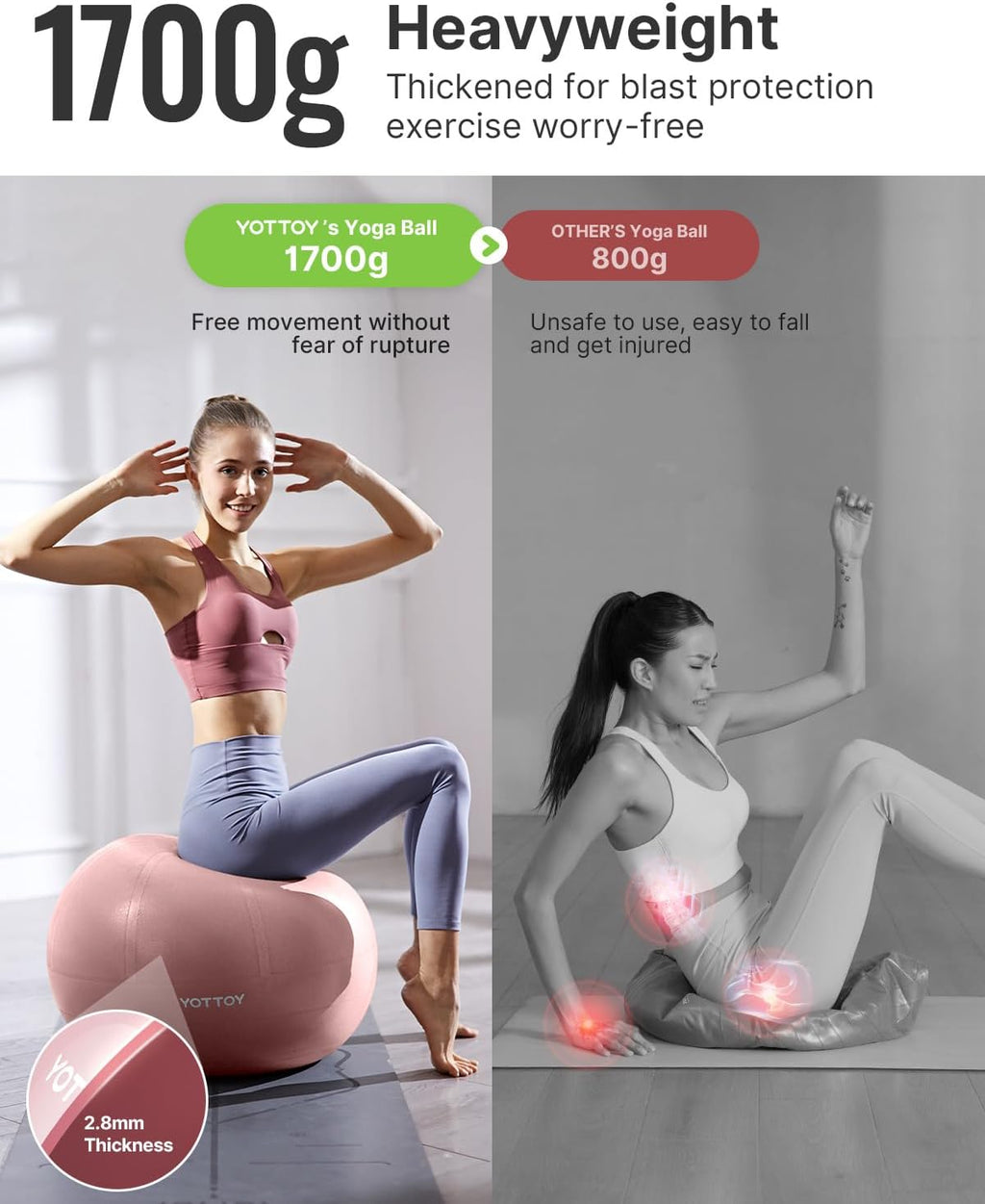 YOTTOY Anti-Burst Exercise Ball - Extra Thick Yoga & Fitness Ball for Pregnancy and Therapy