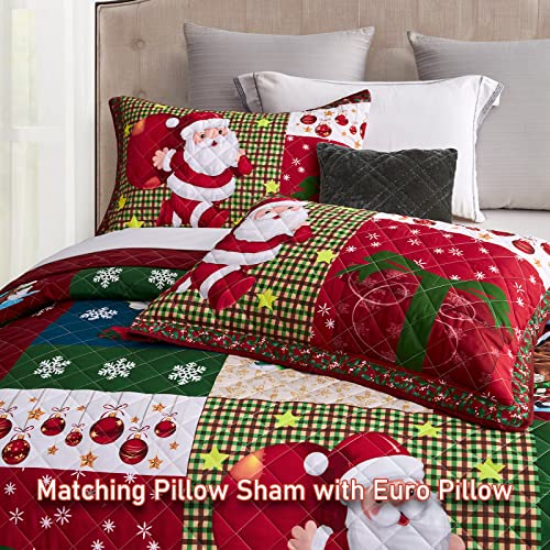 Christmas Oversized King Bedspread with Santa Pattern - Rustic Lodge Quilt Set, 3 Pieces