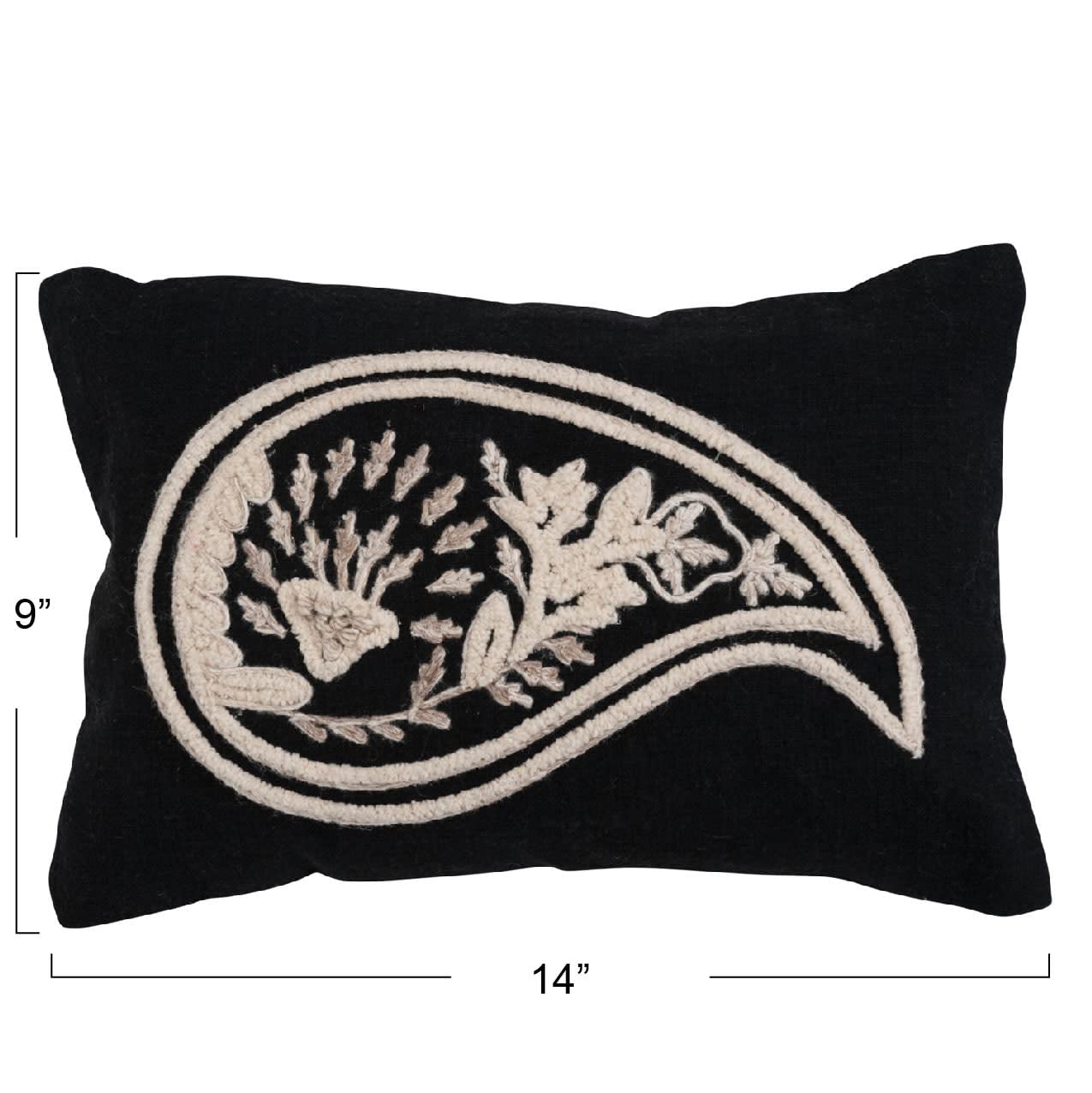 Woven Cotton Slub Lumbar Pillow with Embroidered Paisley
