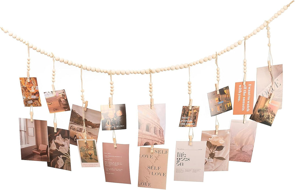 Skiennix Hanging Photo Display - 18 Wood Clips & Boho Wooden Bead Wall Décor for Bedroom & Living Room
