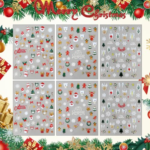 Christmas Nail Stickers 6 Sheets 3D Self-Adhesive Holiday Decals