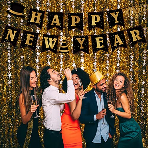 Happy New Year 2026 Banner - Elegant Black & Gold Party Decoration