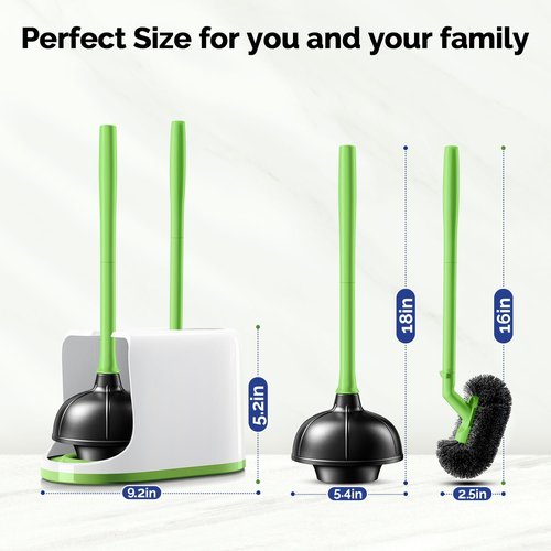 HAMITOR Toilet Plunger Bowl Brush Combo：Heavy Duty Rubber for Drain Clog Remover - Curved Design Bristles for Deep Cleaning Under Rim - Compact Bathroom Cleaning Tools for New Homet Essentials-Green